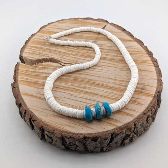 Navajo Graduated White Shell with Kingman Turquoise Beaded Necklace NA Jewelry * - Picture 6 of 11